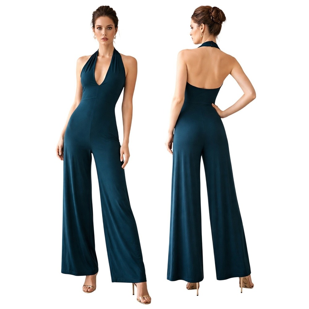 Susana Monaco Teal Halter Deep V-Neck Open Back Wide Leg‎ Jumpsuit Size S